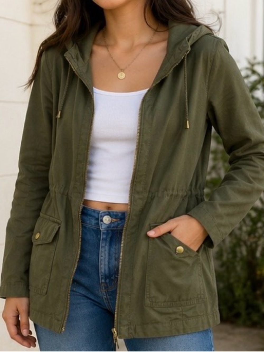 dELiA*s Utility Jacket Army Green Hooded Field Jacket Y2K Large